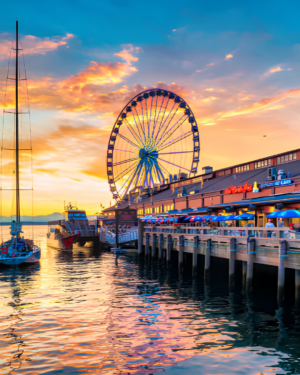 Seattle waterfront featuring the Seattle Great Wheel and piers along Elliott Bay