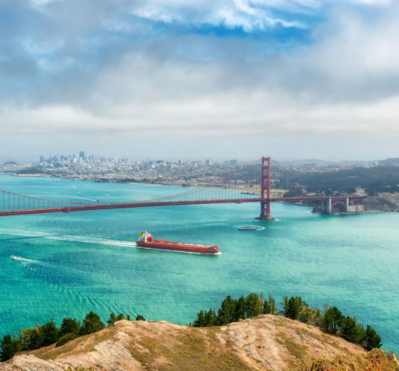 Viewpoint overlooking the Golden Gate Bridge spanning blue bay waters