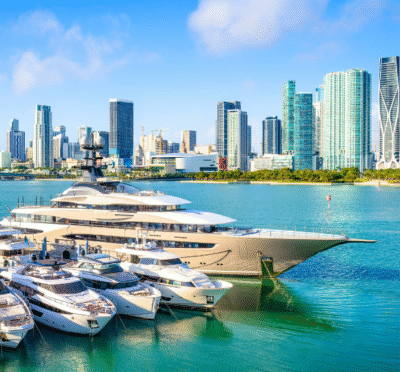 Luxury yachts docked at a Miami marina with city skyline views