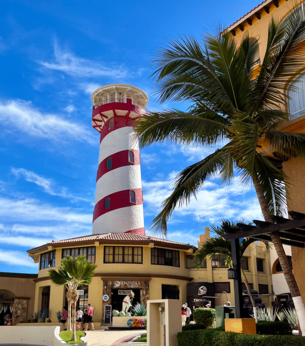 Coastal lighthouse surrounded by palm trees overlooking the ocean
