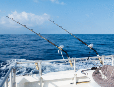 Fishing boat on open water during a deep sea fishing excursion