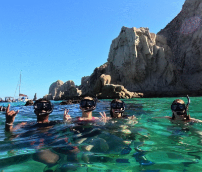 Snorkeler exploring clear blue water with tropical fish
