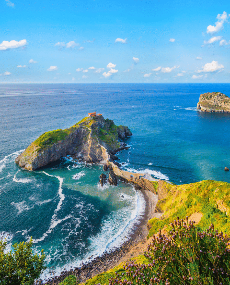 Aerial view of San Juan, Puerto Rico with colorful historic buildings, blue ocean coastline, and palm trees under a sunny sky