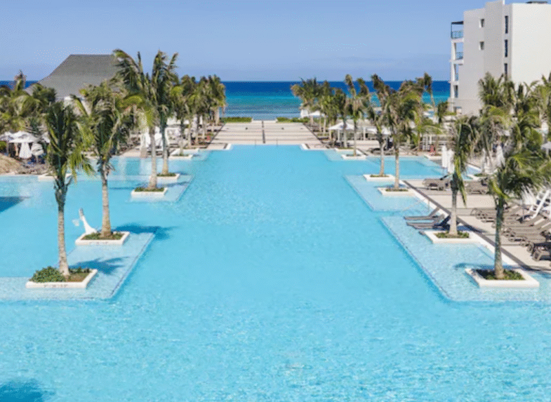 Infinity pool overlooking the ocean at Ocean Eden Bay with palm trees and lounge chairs