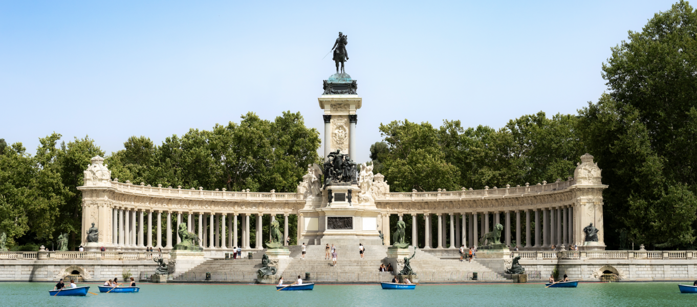 Decorative architecture with fountains and flowing water creating a scenic urban landscape in Madrid