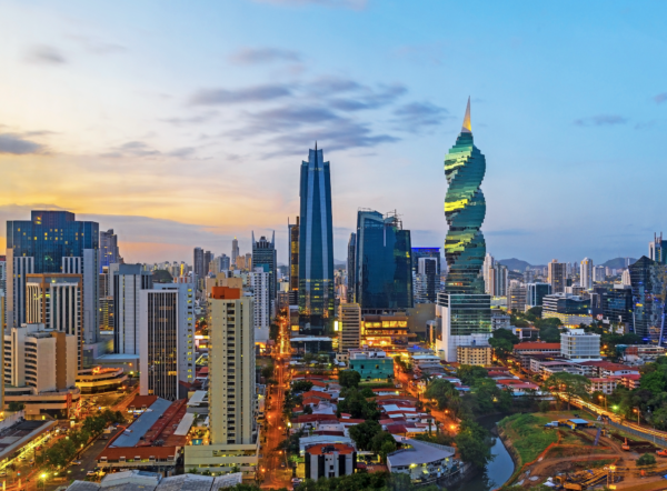 Panama City skyline with modern skyscrapers overlooking the Pacific Ocean.