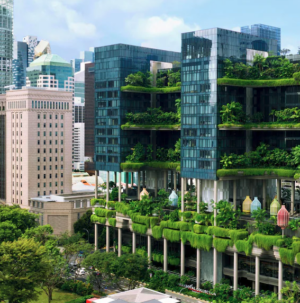 Tall Singapore skyscraper with vertical gardens and greenery