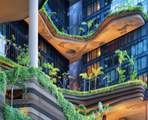 Modern Singapore building covered with lush vertical greenery