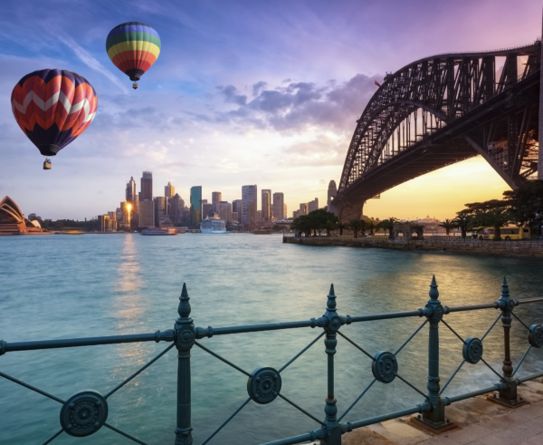 Colorful hot air balloons floating above the Sydney skyline and harbor at sunrise