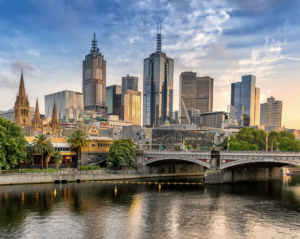 Melbourne skyline with city buildings and river