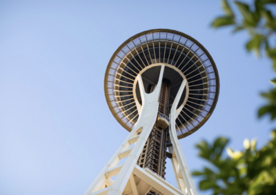 Space Needle rising above the Seattle skyline with observation deck visible