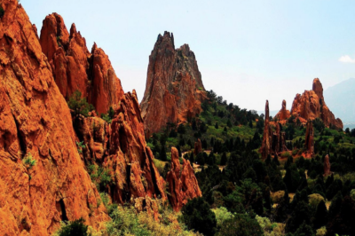 Hiking trail through Garden of the Gods with red rock formations