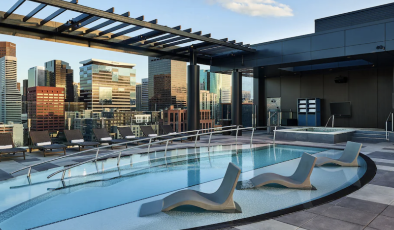 Exterior view of The Rally Hotel near Coors Field Modern hotel building with contemporary design located in Denver’s LoDo district near the ballpark