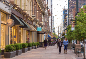 Downtown Denver shops along a busy street