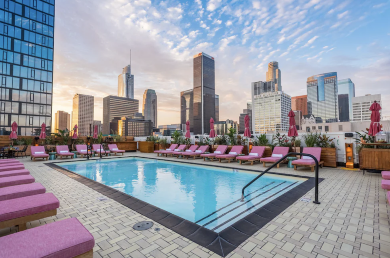 Exterior view of Freehand Los Angeles hotel with its distinctive historic architecture