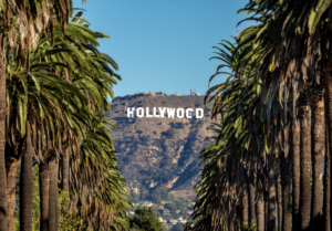 The Hollywood Sign on a hillside overlooking Los Angeles