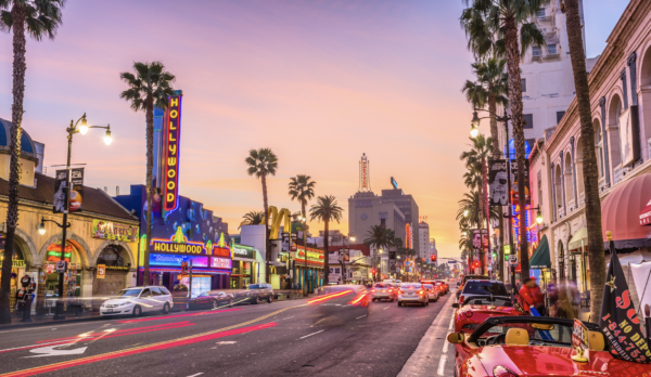 Busy downtown Los Angeles streets with skyscrapers and traffic