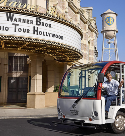 Entrance to Warner Bros Studio Tour with iconic studio signage