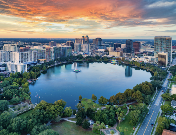 Orlando skyline at sunset with modern buildings and warm Florida light