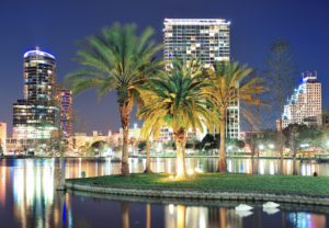 Tall palm trees swaying under a clear blue sky in Orlando