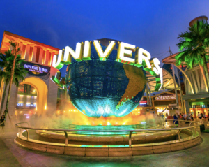 Entrance to Universal theme park with iconic globe and visitors