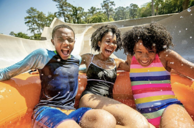 family at waterpark going down a waterslide and enjoying the activities at Walt Disney world resort