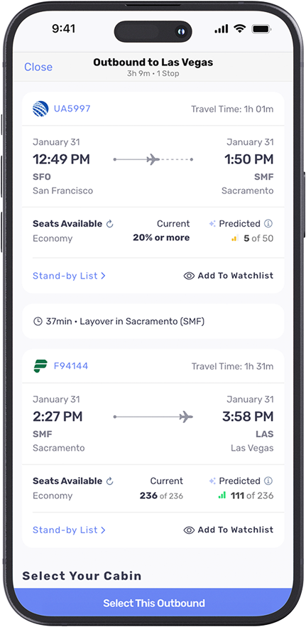 ID90 Travel app showing smart seat prediction and flight availability.