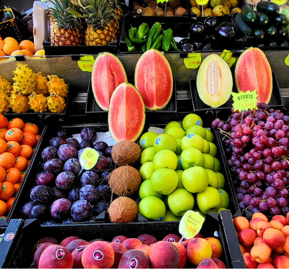 Fresh tropical fruit displayed at a local market stall in Mexico City.