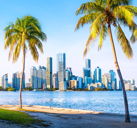 White sand beachfront with turquoise ocean water and the Miami skyline rising in the background
