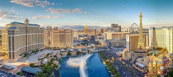 View of the Las Vegas Strip with hotels and neon lights
