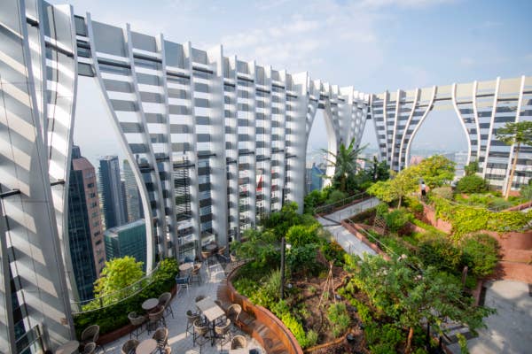 Rooftop park with greenery overlooking Singapore city