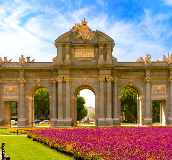 City park scene with blooming pink flowers, green trees, and walking paths in Madrid