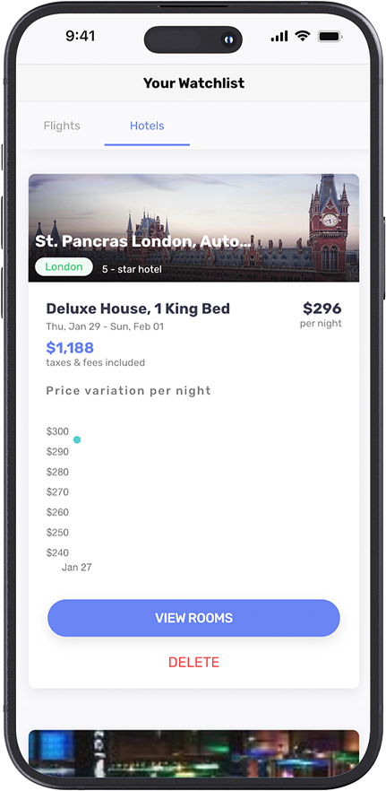 ID90 Travel app showing hotel watchlist to track availability and pricing