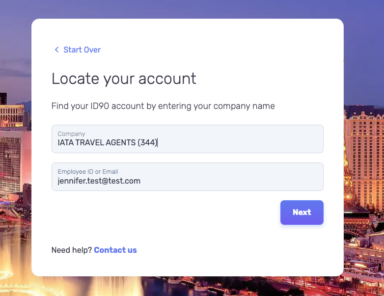 Selecting IATA in the Company field on the Locate your account screen
